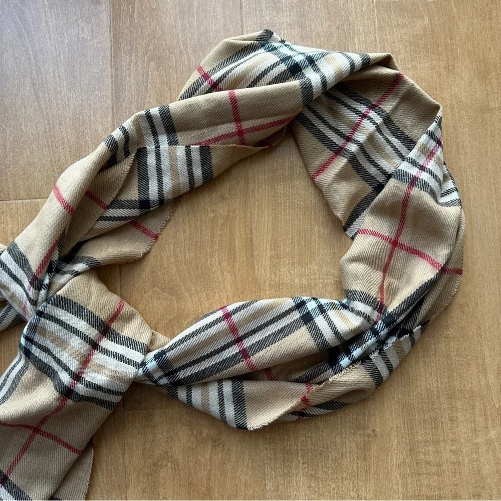 Classic Narrow Check Scarf, Fringe Edged Scarf, Beige/Black/Red
